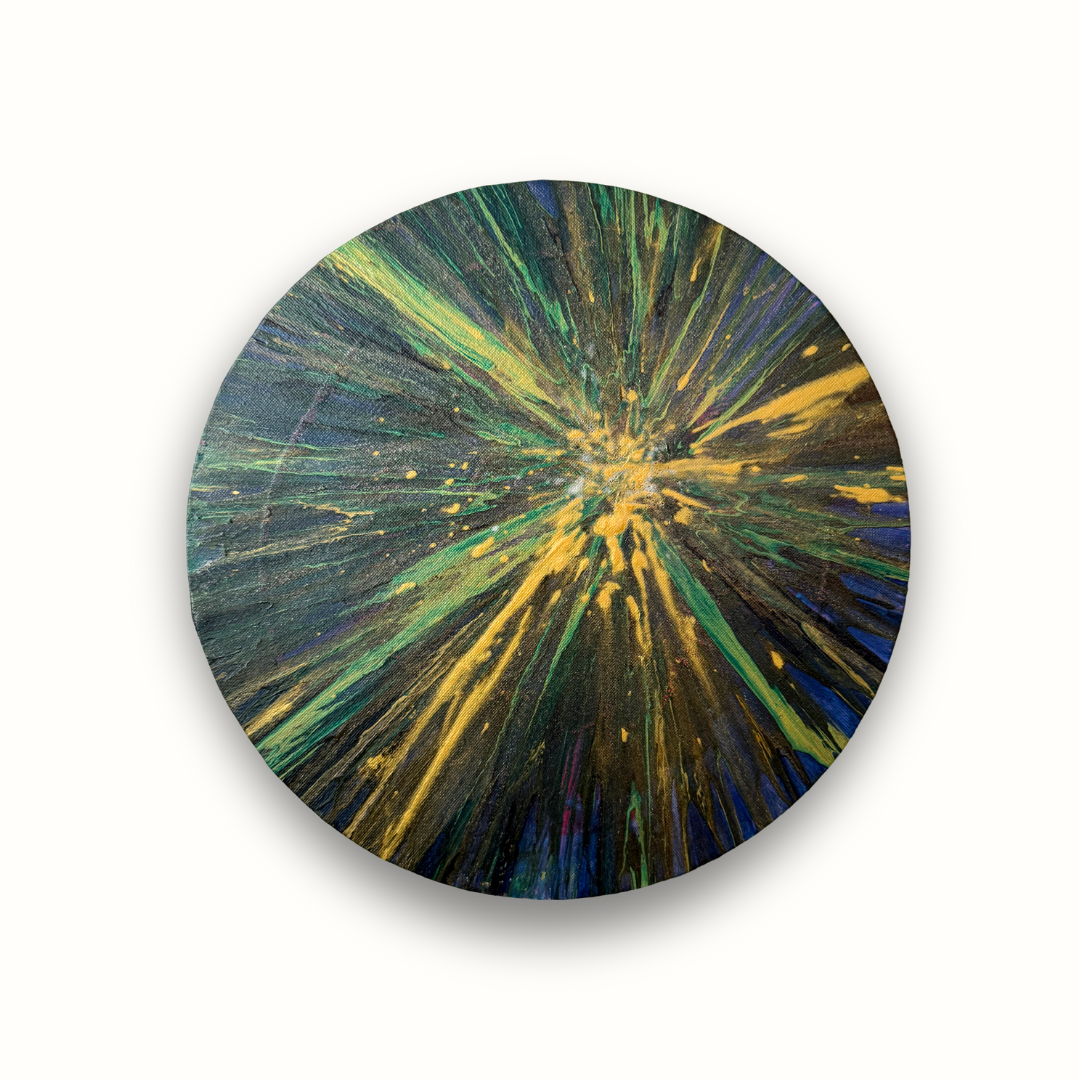 Sparkle Art®『Burst of Light 』|光の誕生|金と緑が弾けるエネルギーアート・円形原画|SAORI Official Store