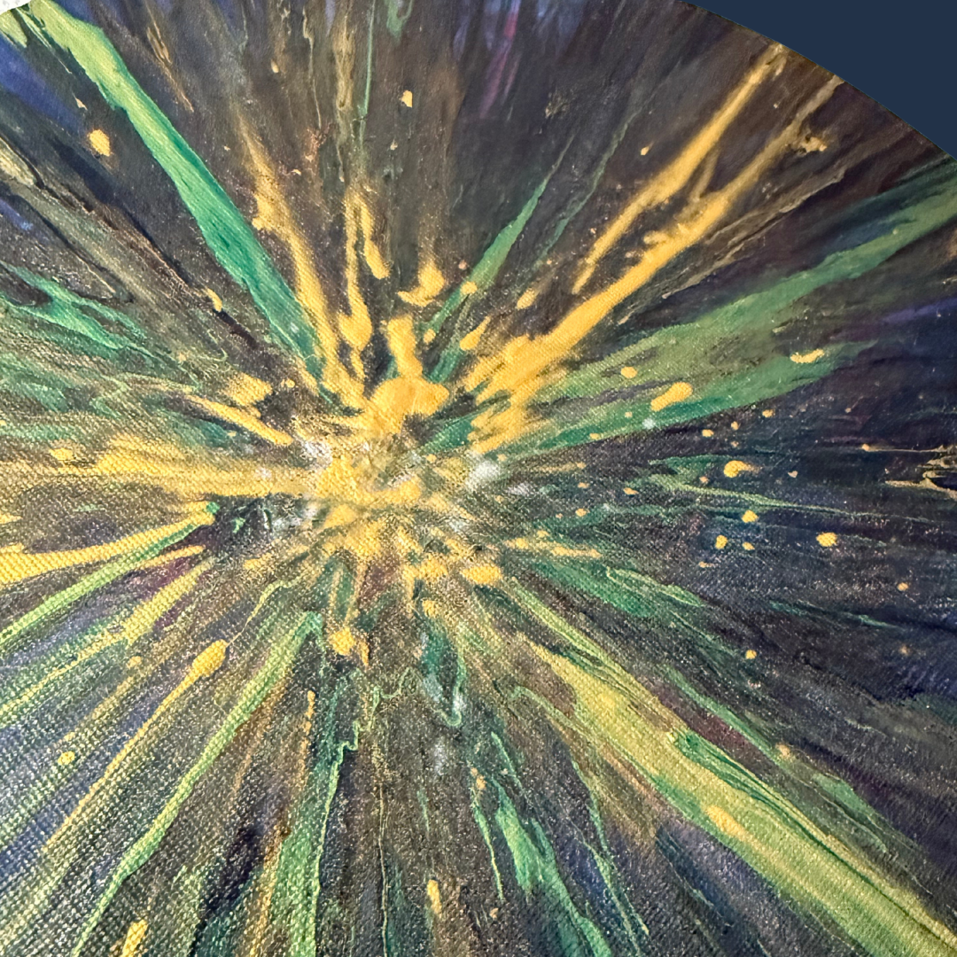Sparkle Art®『Burst of Light 』｜光の誕生｜金と緑が弾けるエネルギーアート・円形原画｜SAORI Official Store